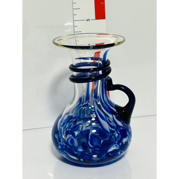 Spatter Blue White Hand Blown Glass Vase Applied Cobalt Blue Spiral Handle - Picture 7 of 7